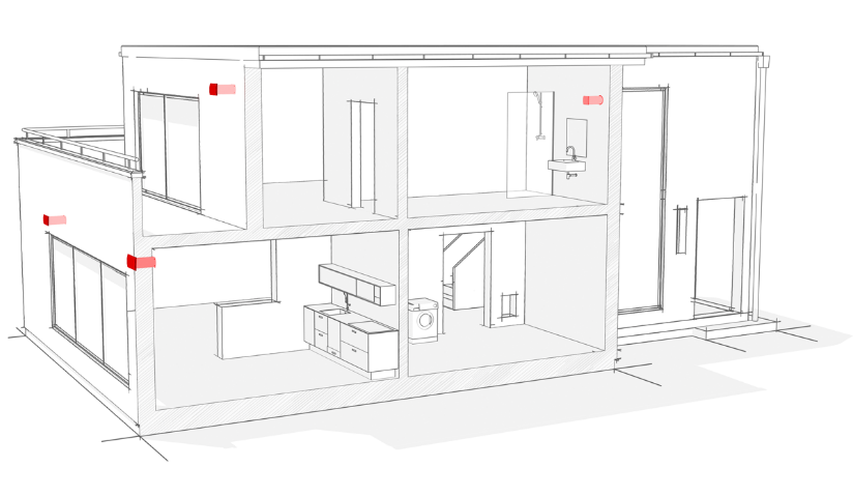 Przykład rozmieszczenia decentralnej rekuperacji w domu - schemat