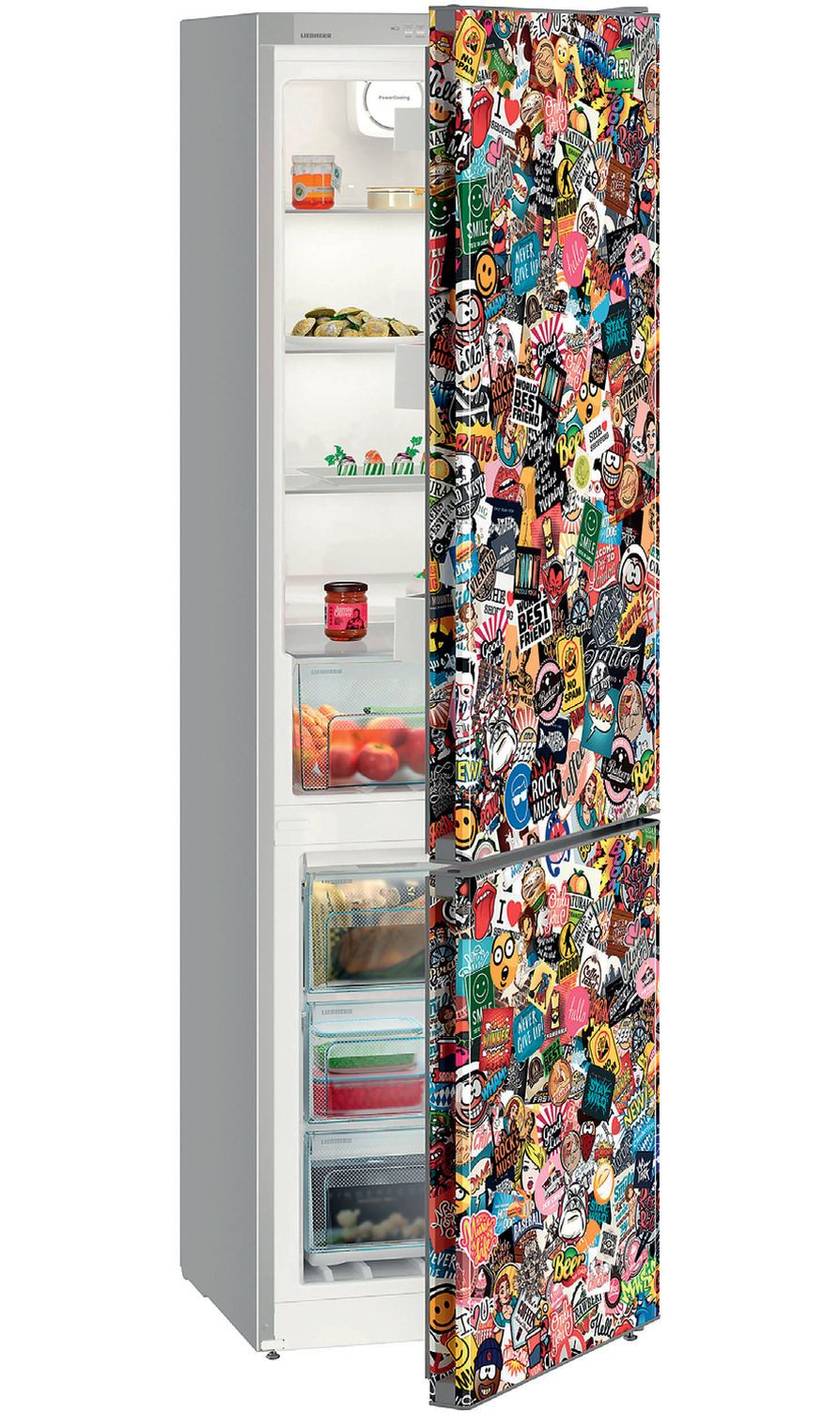 Chłodziarko-zamrażarka wolno stojąca CNst 4813 Comfort StickerArt o oryginalnym komiksowym designie, wyposażona m.in. w system DuoCooling, oświetlenie LED oraz optyczny i dźwiękowy sygnał awarii