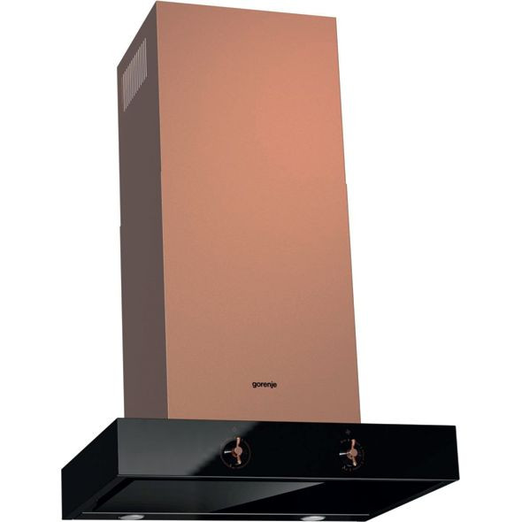 Stylizowany dwukolorowy okap przyścienny WHT68AINB z linii Infinity Collection, działający w obiegu zamkniętym i otwartym, sterowany przyciskami