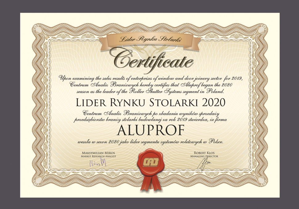 Certyfikat: ALUPROF TOP MARKA segmentu systemów roletowych