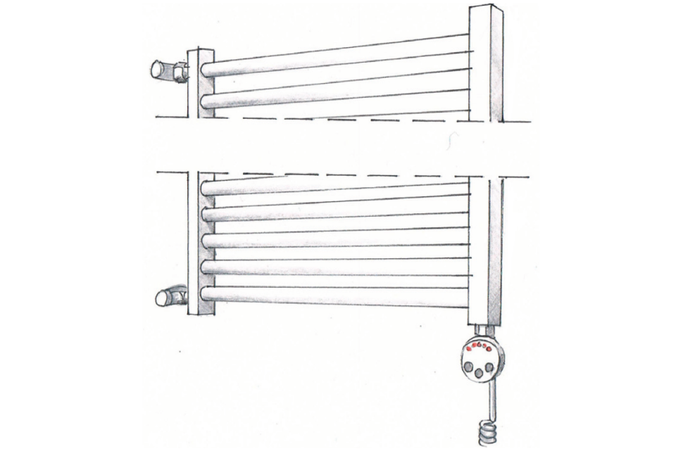 Podłączenie boczne grzejnika. Grzałkę należy umieścić wówczas po jego przeciwnej stronie - schemat