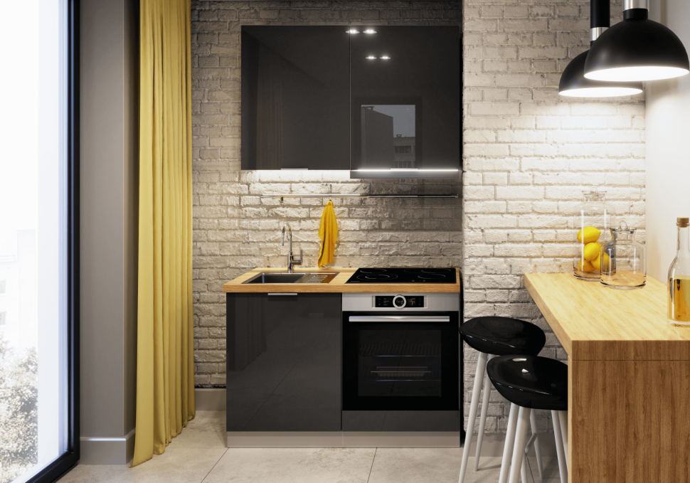 Kuchnia z elementami dekoracyjnymi w żółci i szarości