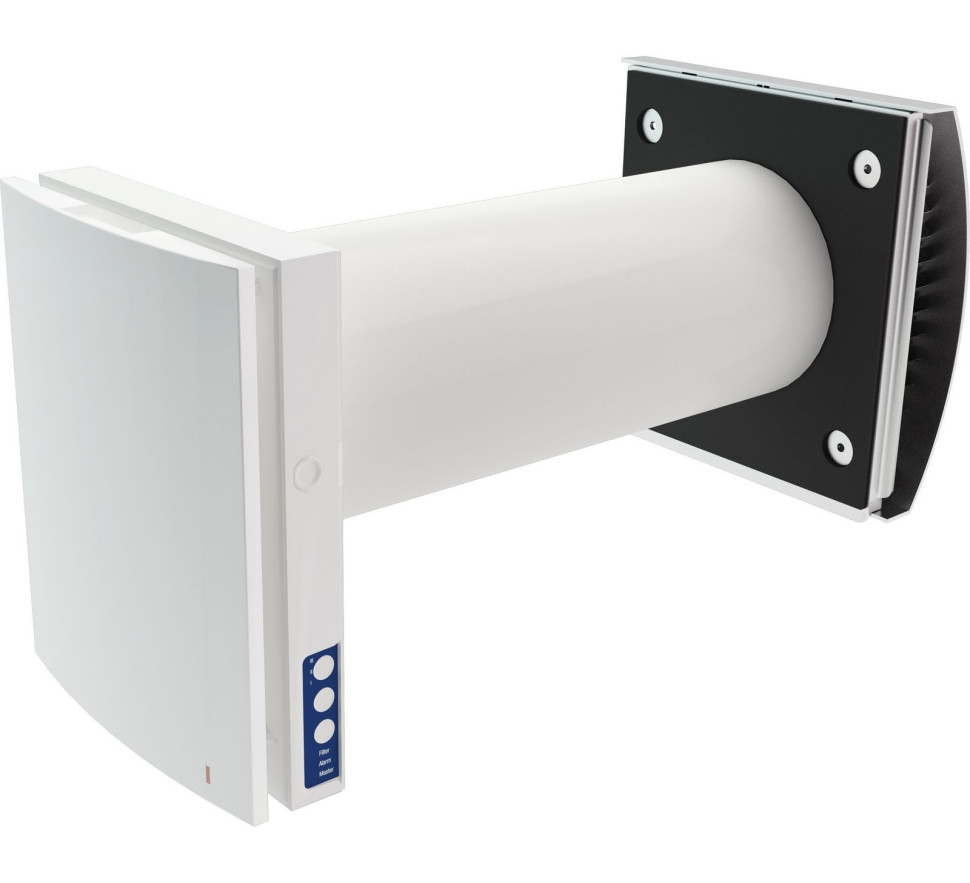 Niewielkie urządzenie wentylacyjne z działającym naprzemiennie wentylatorem (nawiew/wyciąg) oraz wymiennikiem ciepła