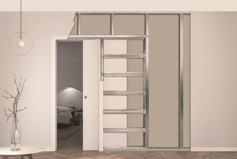 Drzwi przesuwne chowane w kasecie zamontowanej w lub na ścianie