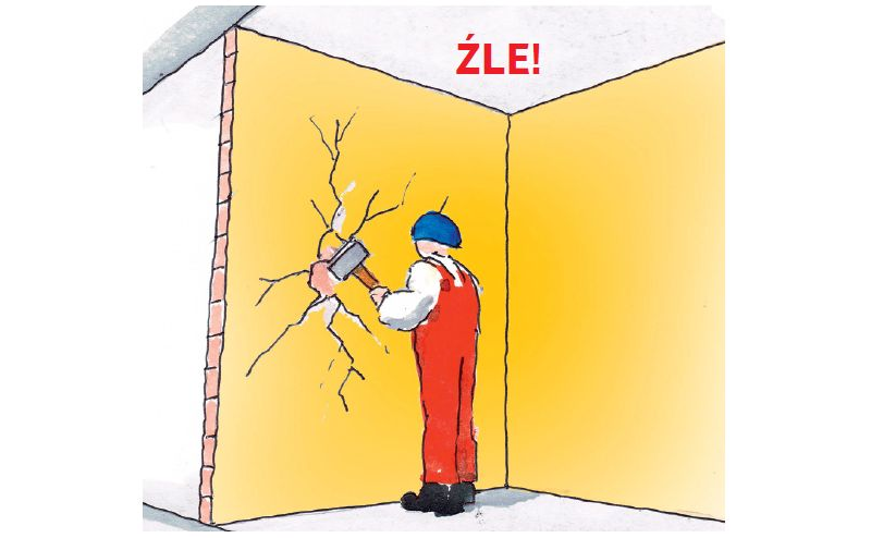 Wyburzanie ścianki działowej: Nie wolno wyburzać ściany, zaczynając od jej dołu lub części środkowej, jak również jej przewracać