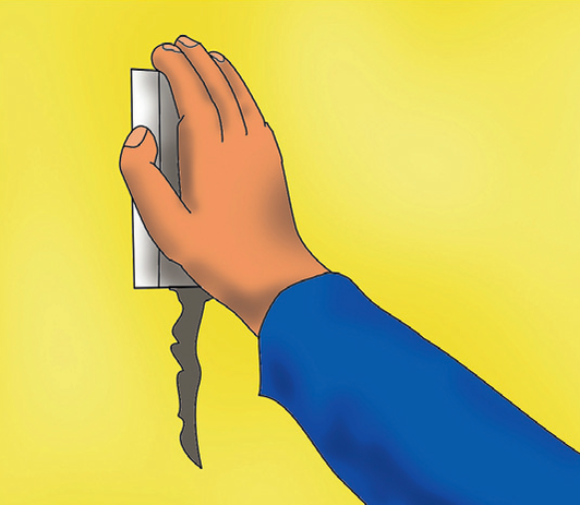 Po wyschnięciu szlifujemy siatką (lub papierem ściernym) nałożoną na specjalną pacę lub drewniany klocek