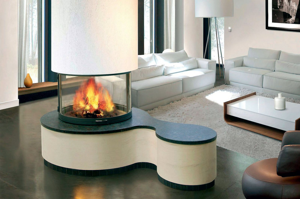 Podwieszany panoramiczny wkład kominkowy Totem w cylindrycznej obudowie