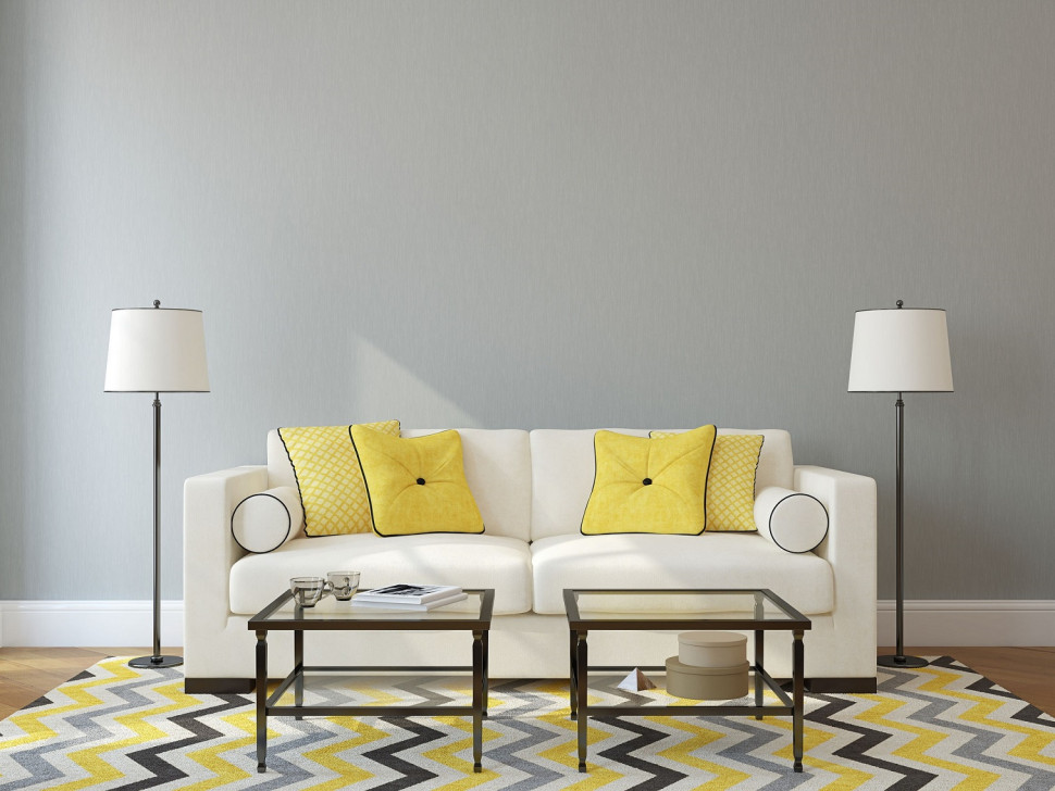Aranżacja salonu kolorami roku 2021 Ultimate Grey i Illuminating Yellow. fot. FFiL Śnieżka