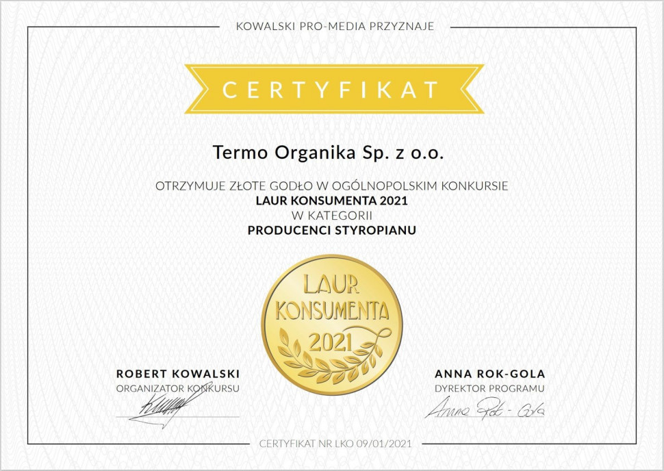 Termo Organika Złoty Laur 2021 w kategorii Producenci styropianu