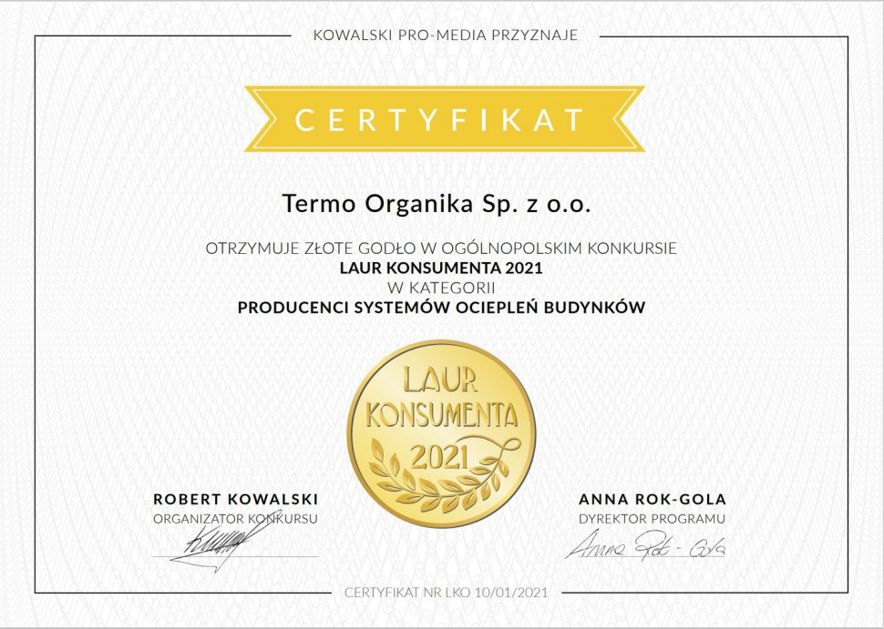 Termo Organika Złoty Laur 2021 w kategorii Producenci systemów ociepleń budynków