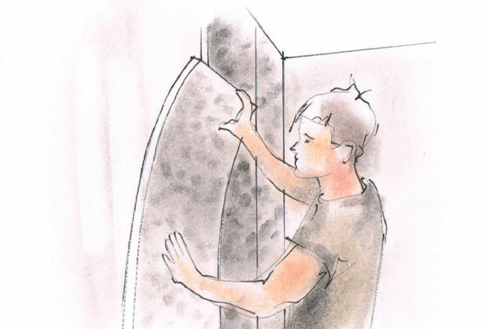 Po odczekaniu 10-30 minut (w zależności od temperatury i wilgotności pomieszczenia) przyłożenie płyty do ściany i dociskanie przez ok. 30 sekund