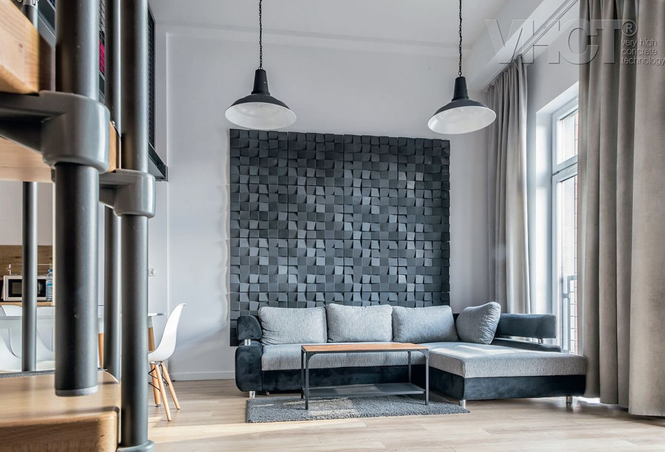 Ściana wewnętrzna wykończona płytami betonowymi w wersji trójwymiarowej