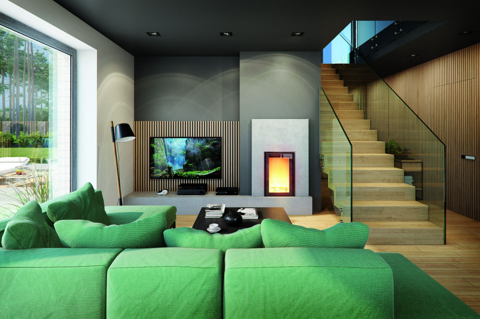 Efektowne schody ze szklaną balustradą w salonie fot. archon+ biuro projektów