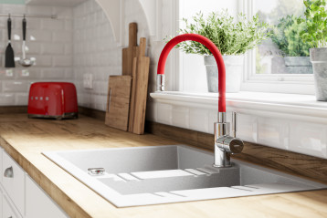 Zumba - bateria zlewozmywakowa stojąca z elastyczną wylewką; Zlewozmywak kuchenny dwukomorowy