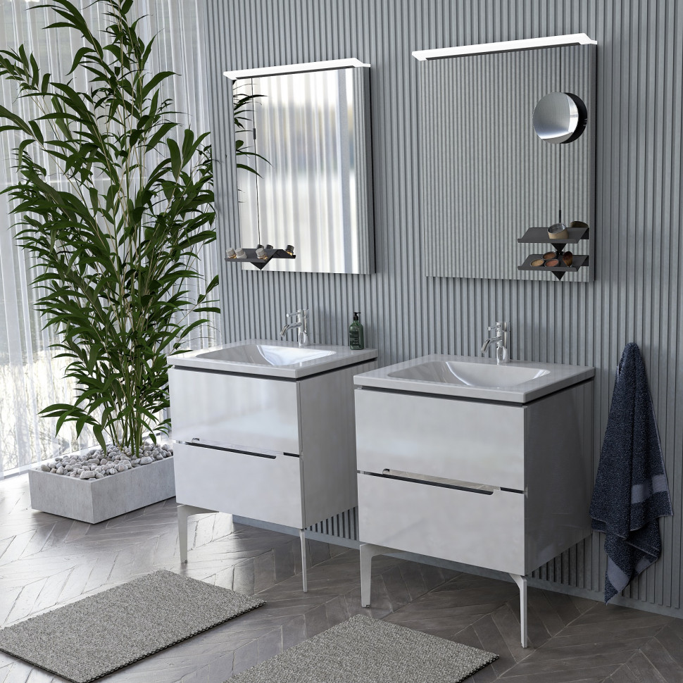 Dwie szafki pod umywalkę - aranżacja jasnej łazienki