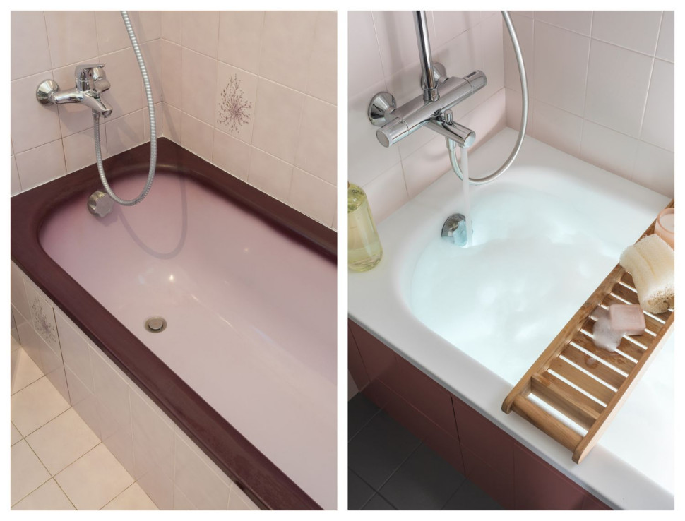 Odnowienie wanny Farbą Easy Renowacja Armatura Łazienkowa - efekt PRZED i PO renowacji. fot. V33