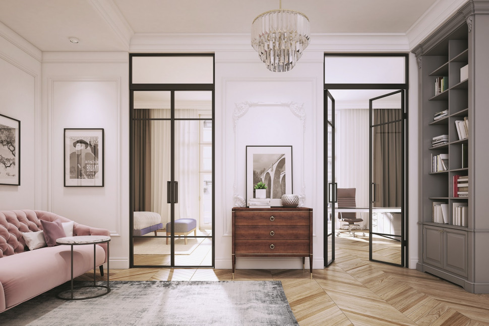 Drzwi wewnętrzne: Przezroczyste szkło w lekkiej ramie ze szprosami i nadstawką