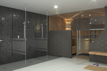 Wpusty podłogowe Ultraflat z kratką ze stali nierdzewnej, wzór Oval - aranżacja SPA