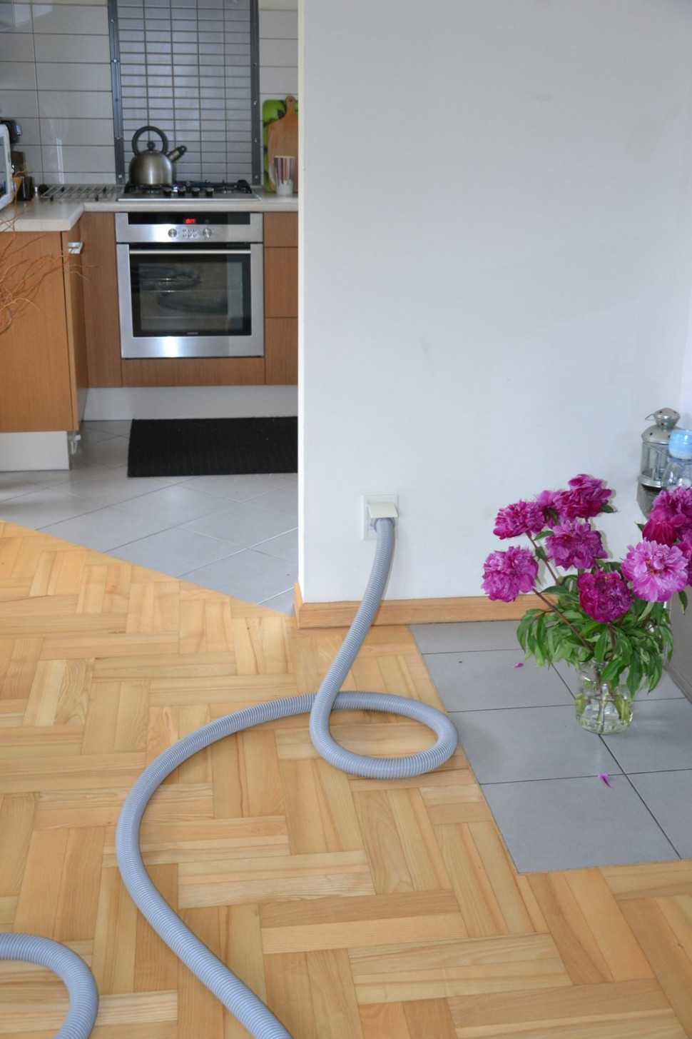 Gniazdo w salonie i wąż ssący