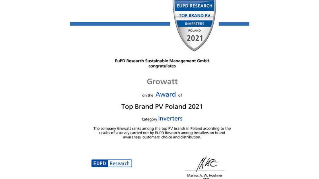 Marka Growatt New Energy z tytułem TOP BRAND PV POLAND 2021!!!