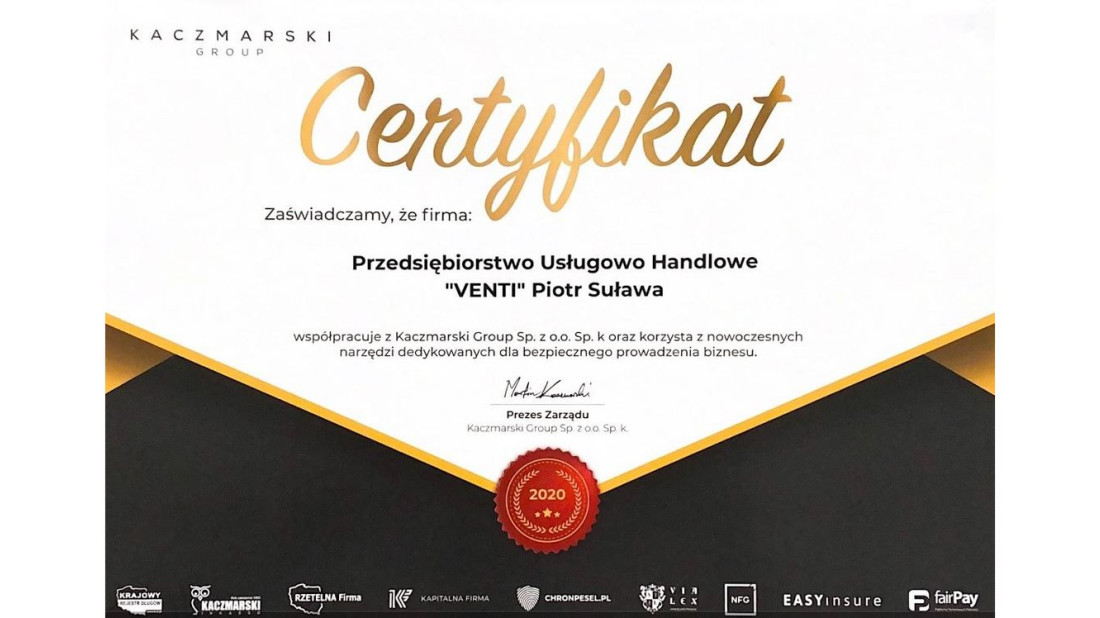 Venti otrzymała certyfikat "Rzetelna Firma"