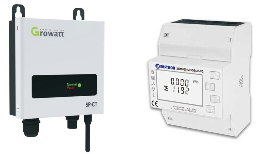 Czujnik prądu Growatt SP-CT i licznik trójfazowy. fot Growatt