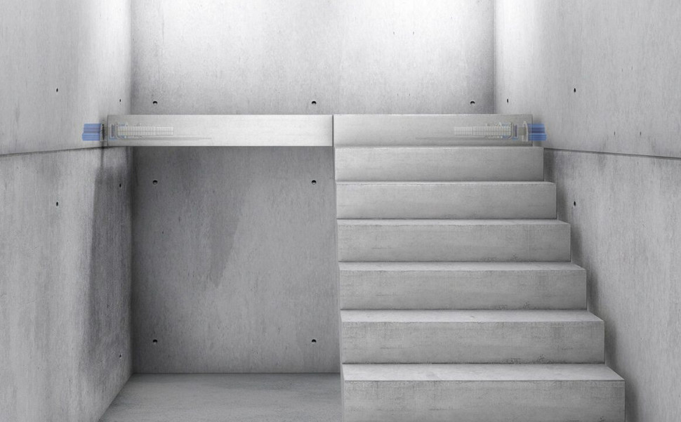 Element Schöck Tronsole® typu P, który łączy spocznik ze ścianą klatki schodowej