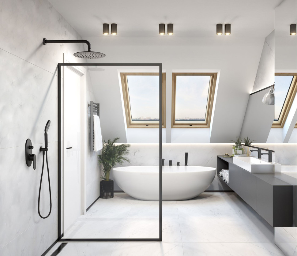 Aranżacja łazienki z wykorzystaniem armatury DIONE Black i LOFT Black. fot. Valvex