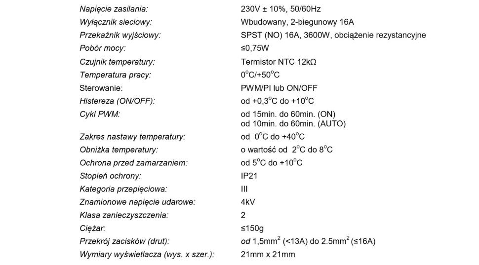 Parametry techniczne termostatu MTD3