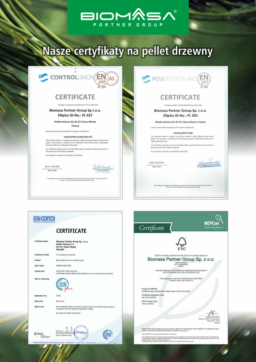 Certyfikaty posiadane przez Biomasa Partner Group