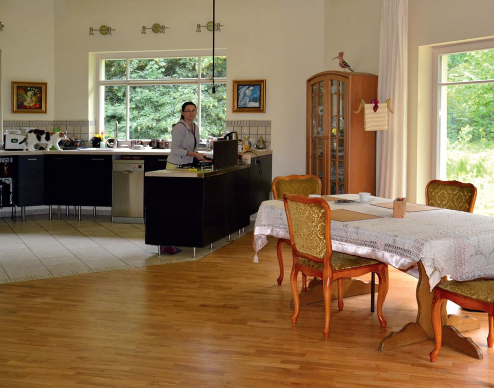 Strefę dzienną tworzą połączone ze sobą: salon, jadalnia i kuchnia