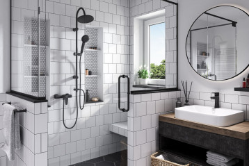 Deszczownia Rondo Black i ścienna bateria Algeo Black 