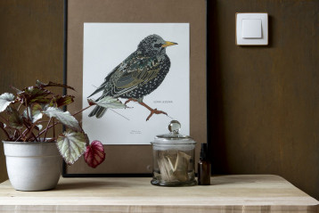 Łącznik pojedynczy w białej ramce Simon 82 Detail z drewnianą podstawą