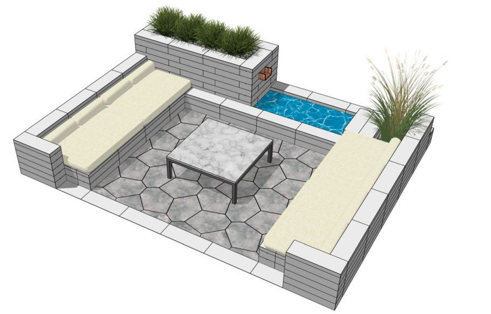 Szkic strefy wypoczynkowej w ogrodzie z fontanną. fot. Polbruk