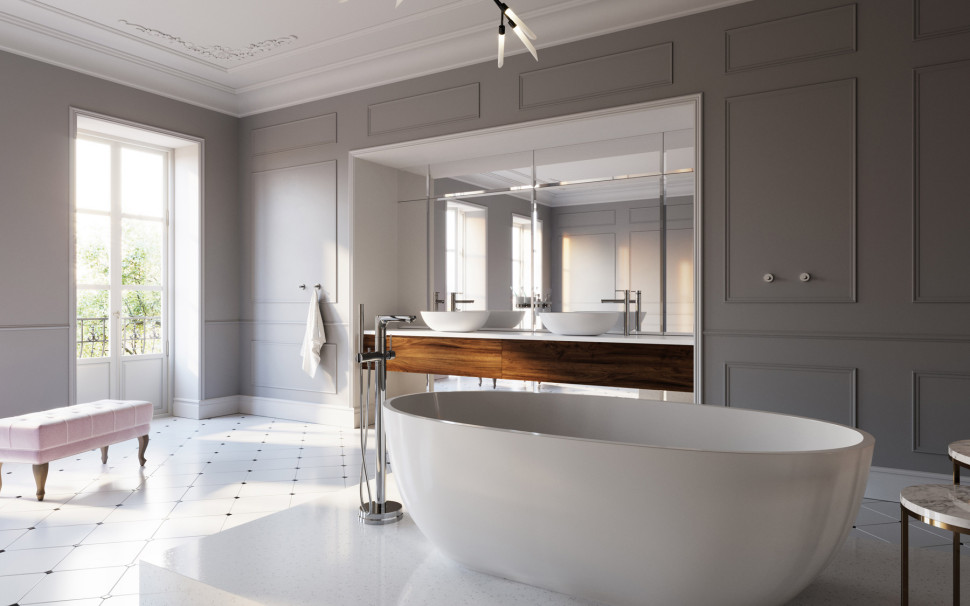 FERRO, Bateria wannowa wolnostojąca Fiesta, Bateria umywalkowa stojąca nablatowa Fiesta, Wieszak pojedynczy Grace, Dozownik na mydło Grace, Szklanka pojedyncza Grace