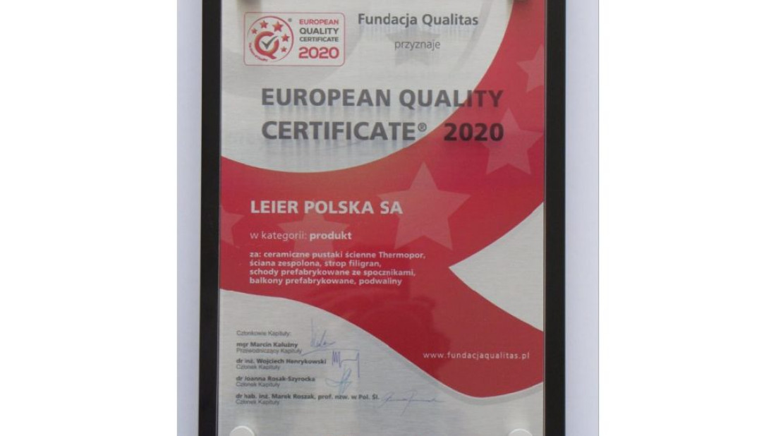 EUROPEAN QUALITY CERTIFICATE 2020 dla Leier