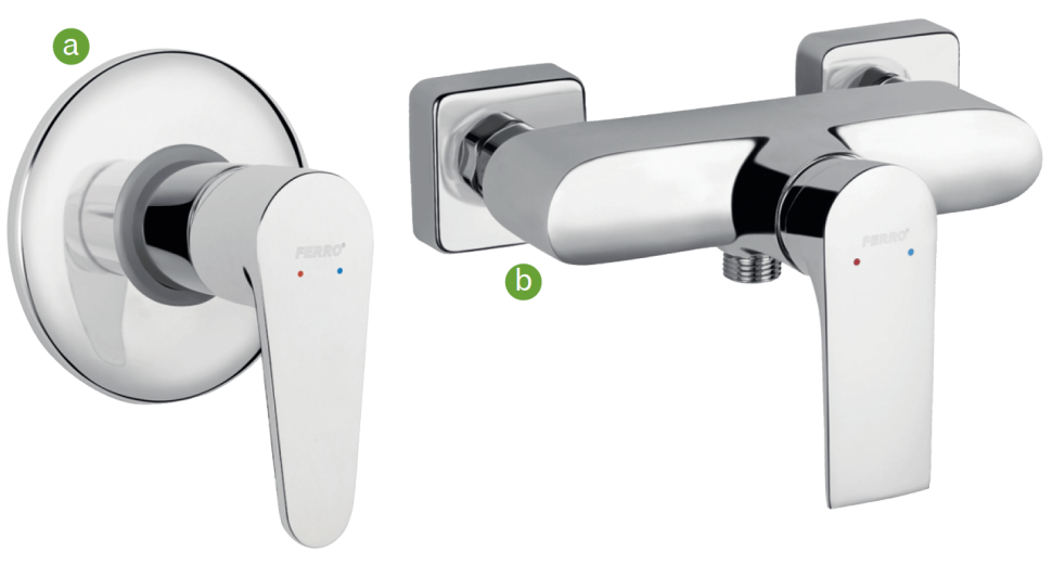 Bateria natryskowa może być podtynkowa (a) lub natynkowa - ścienna (b)