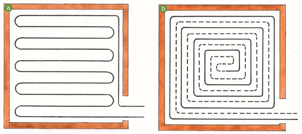 W układzie meandrowym (a) część podłogi, gdzie ułożono początkowy (cieplejszy) odcinek
rury grzeje mocniej. Natomiast w ślimakowym (b) oddawanie ciepła zostaje wyrównane.