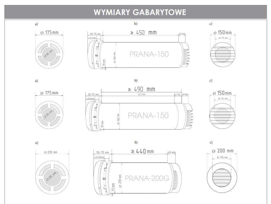Wymiary montażowe rekuperatorów PRANA 150 i PRANA 200G