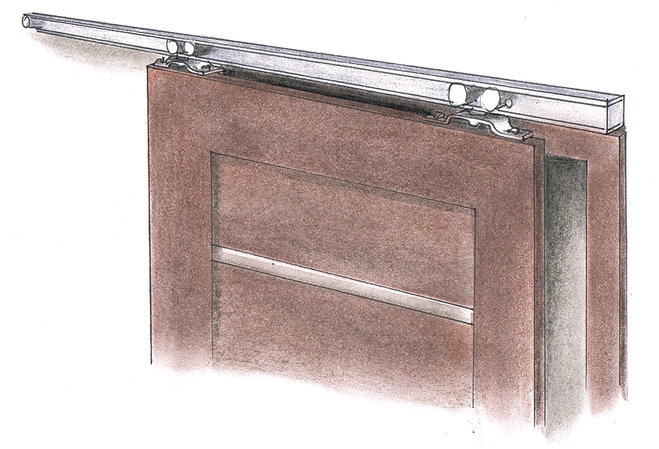 Drzwi przesuwne podwiesza się do prowadnicy przytwierdzonej na górze otworu drzwiowego