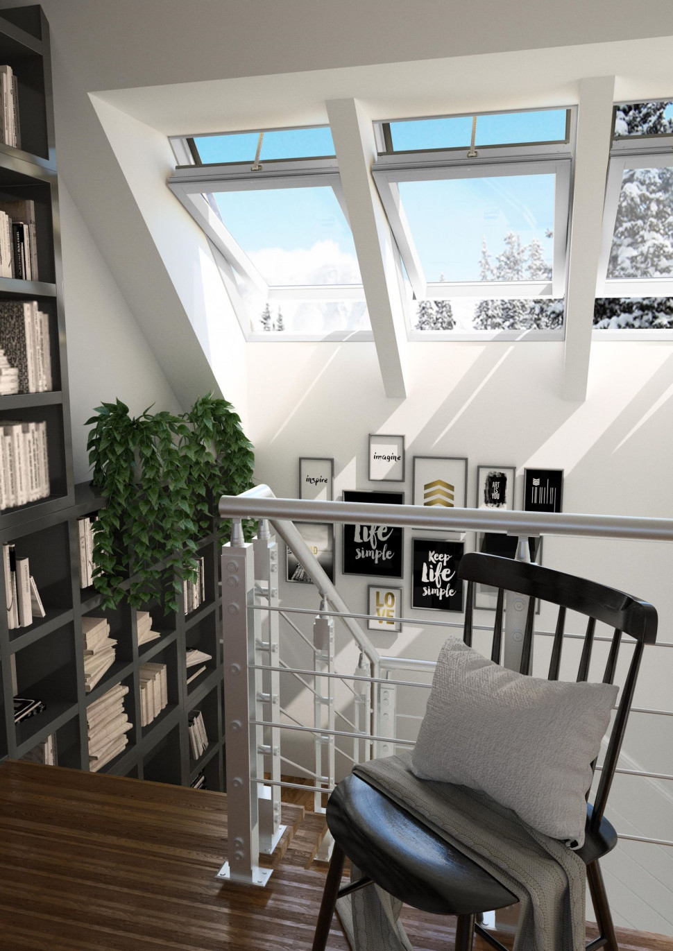 Okna dachowe zamontowane nad klatką schodową