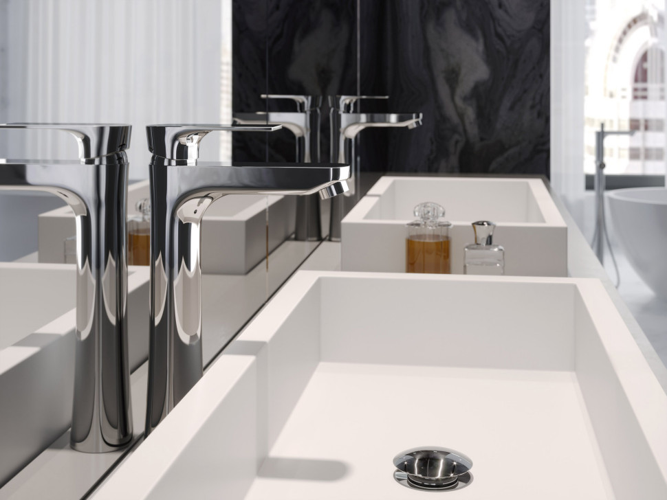 FERRO, Bateria umywalkowa stojąca nablatowa Algeo Square, Rotondo zawór spustowy G5 4