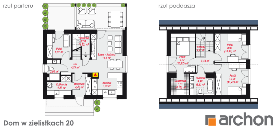 Dom w zielistkach 20 - rzut parteru i rzut poddasza