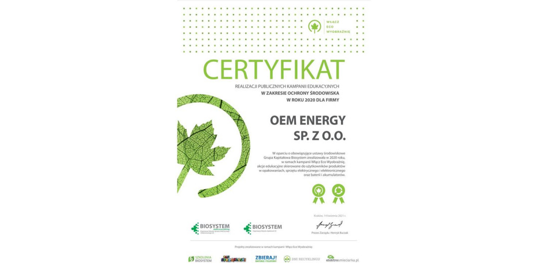OEM Energy z certyfikatem za programy ekologiczne
