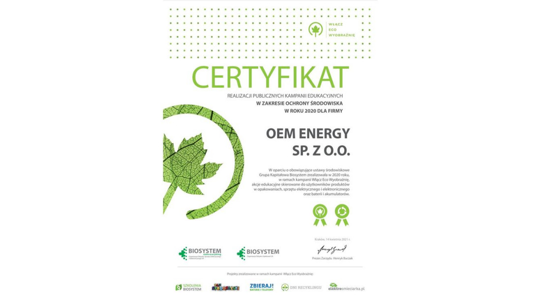 OEM Energy z certyfikatem za programy ekologiczne