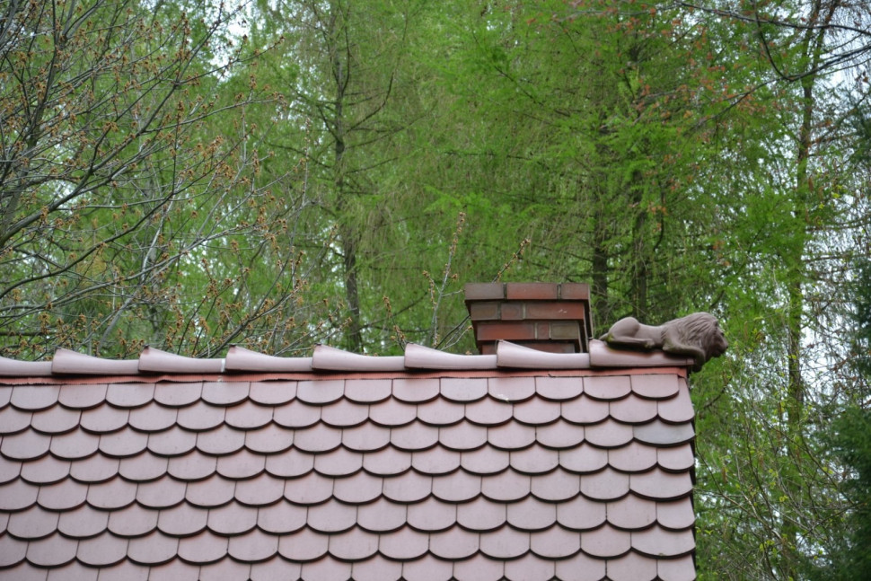 Na kalenicy altany grillowej zamontowano ozdobnego lwa