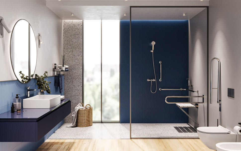 Baterie Algeo Medico - natryskowa ścienna i umywalkowa nablatowa stojąca. fot. FERRO