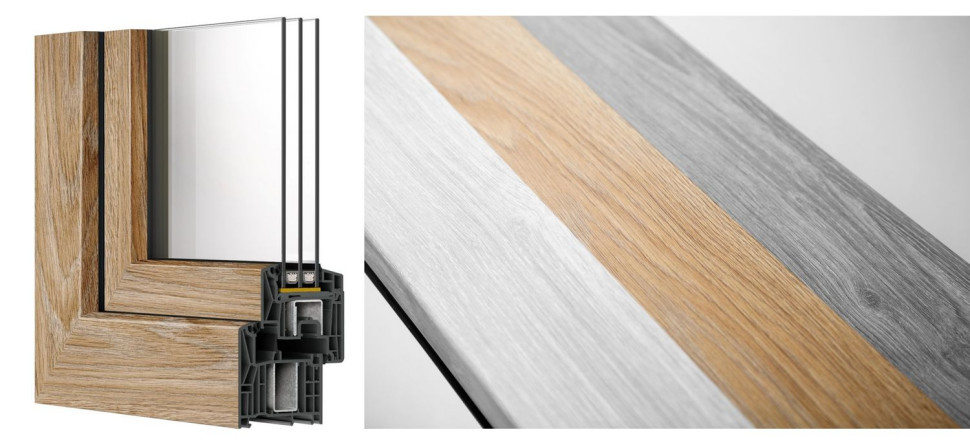 Okna Rehau mogą być okleinowanie folią dekoracyjną, włącznie ze środkowym wrębem