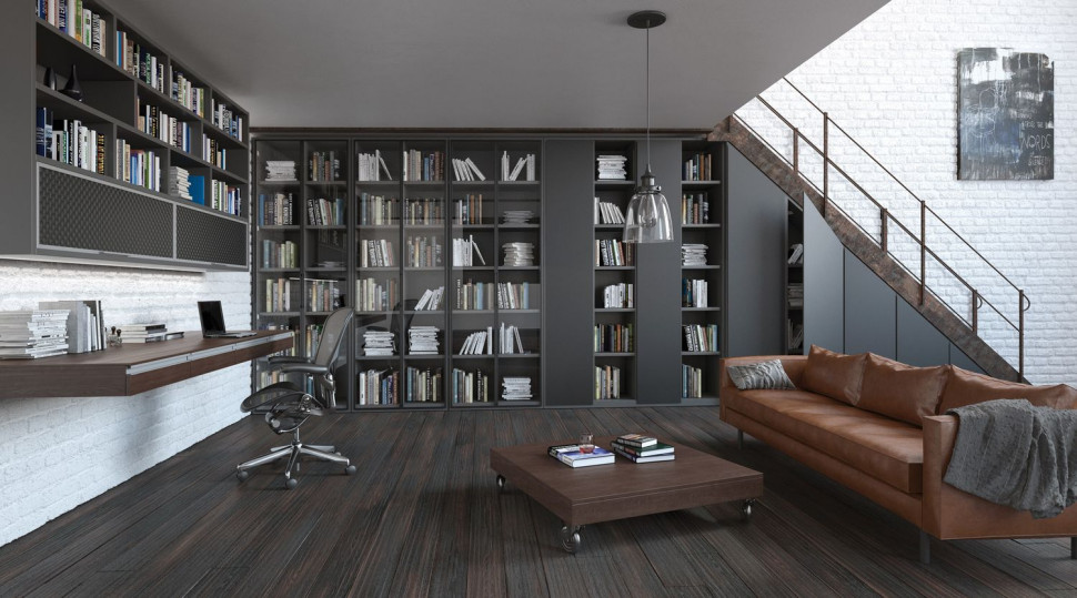 Domowe biuro z sofą i biblioteką