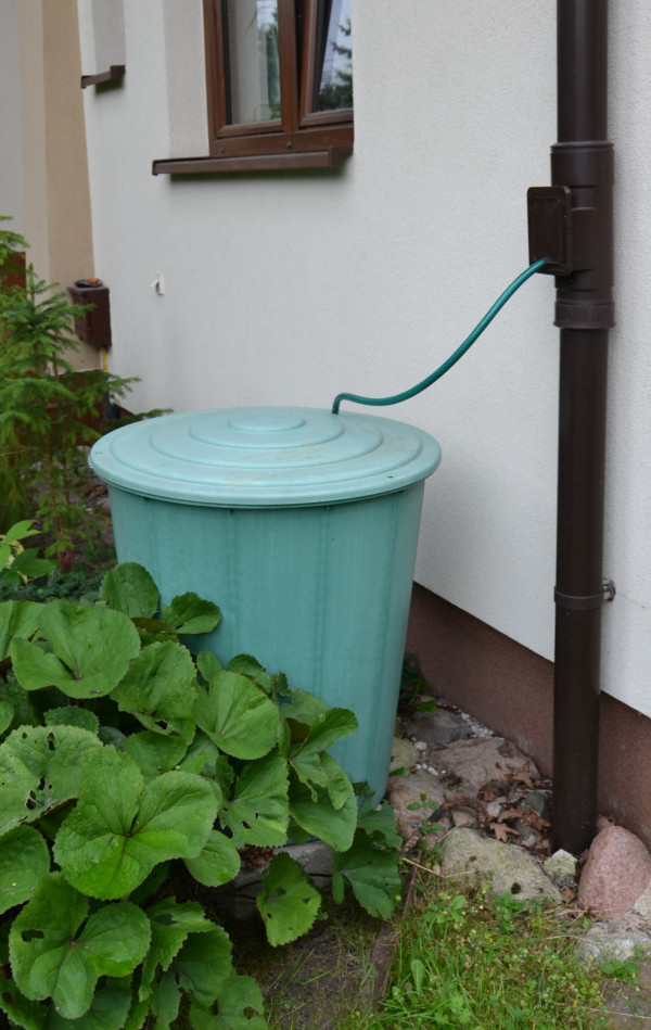 Zbiornik na deszczówkę (200 l) podłączono do środkowego zbieracza w rurze spustowej